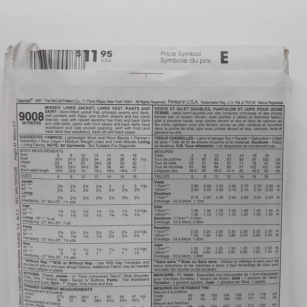 NEW Vintage McCalls Sewing Pattern 9008 Womens Lined Jacket Vest Pants Sz 16